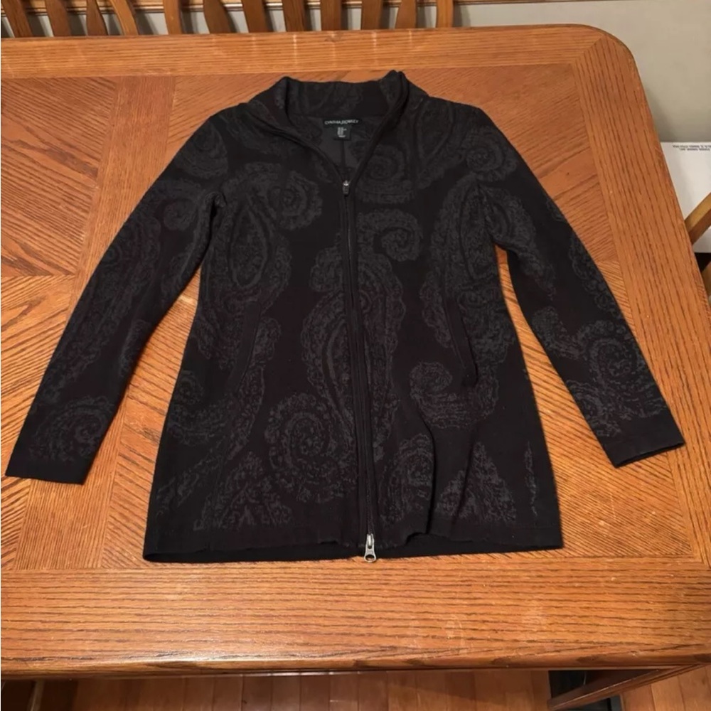 Cynthia Rowley Black Gray Paisley Full Zip Sweater Jacket Women's XS